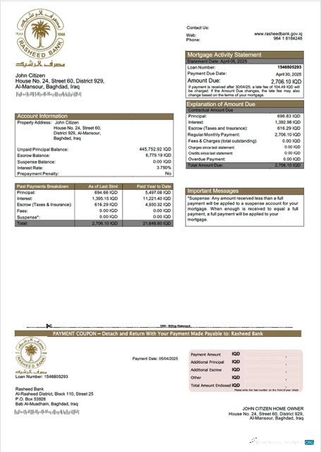 Download Iraq Rasheed Bank mortgage statement Word and PDF template Photoshop template